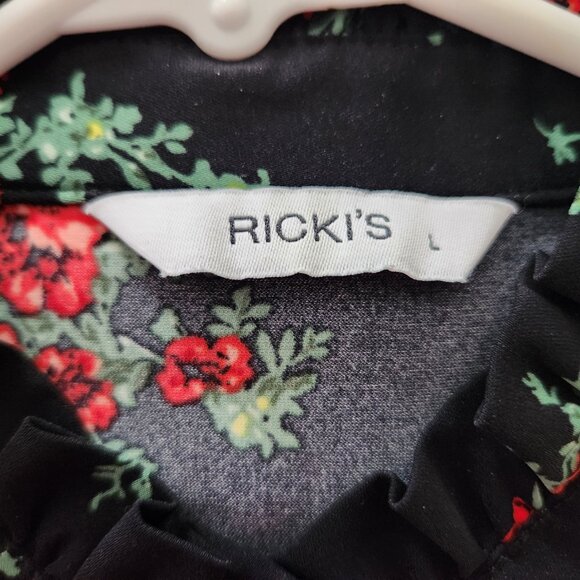 Black and Red Floral Blouse Size Large, Ruffled Neck and Ruffled Bodice Ricki's - Picture 5 of 8